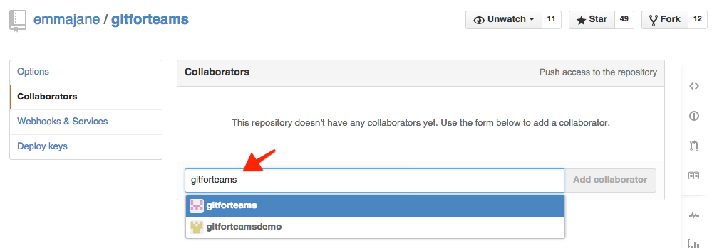 There does not appear to be a label for this form. The placeholder text is 'Search by username or full name'. The form will auto complete when you enter a person's name. You will need to type in the person's name; select it from the list; and then click 'Add collaborator'.