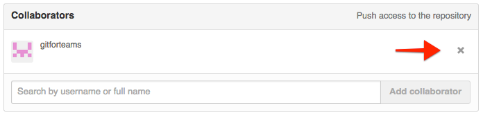The ARIA label for this 'x' button is 'Remove username as a collaborator'. Username is, of course, the name of the GitHub account.