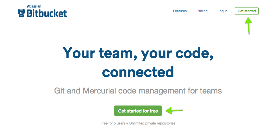 Screenshot of the Bitbucket homepage. Two 'get started' buttons are highlighted.