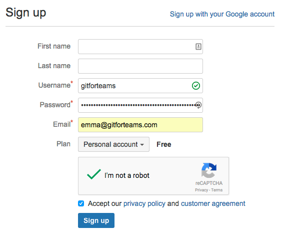 Screenshot of the completed Bitbucket registration form.