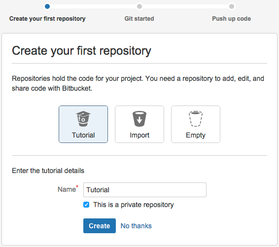 Screenshot of the get started screen. This is a series of radio buttons, the form element id is +id_action_empty+ and the original-title attribute is 'Create an empty repository from scratch'. Options include: Create a tutorial repository (selected by default), import a repository, or create an empty repository.