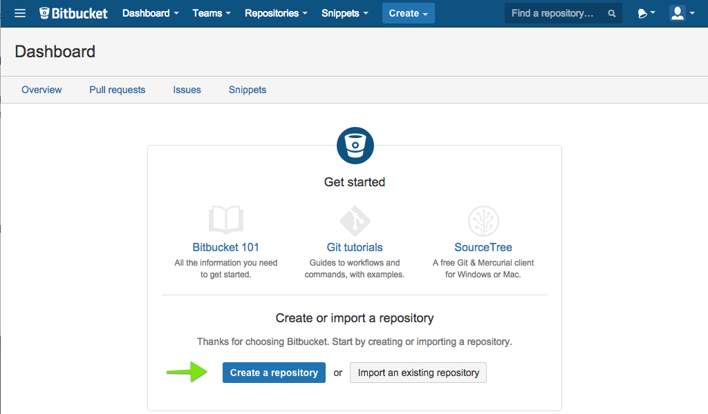 Screenshot of the Bitbucket dashboard, an arrow points to the button 'create a repository'.