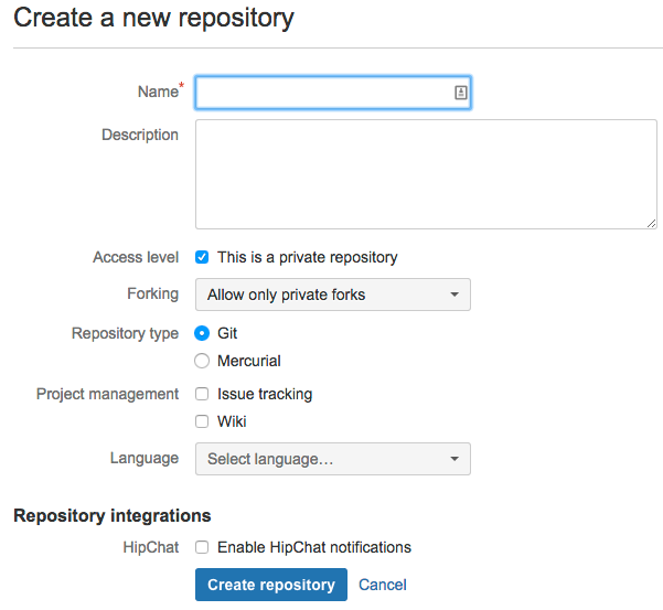 Screenshot of the Bitbucket form to create a new repository. Fields include those described in the step-by-step instructions outlined previously'.