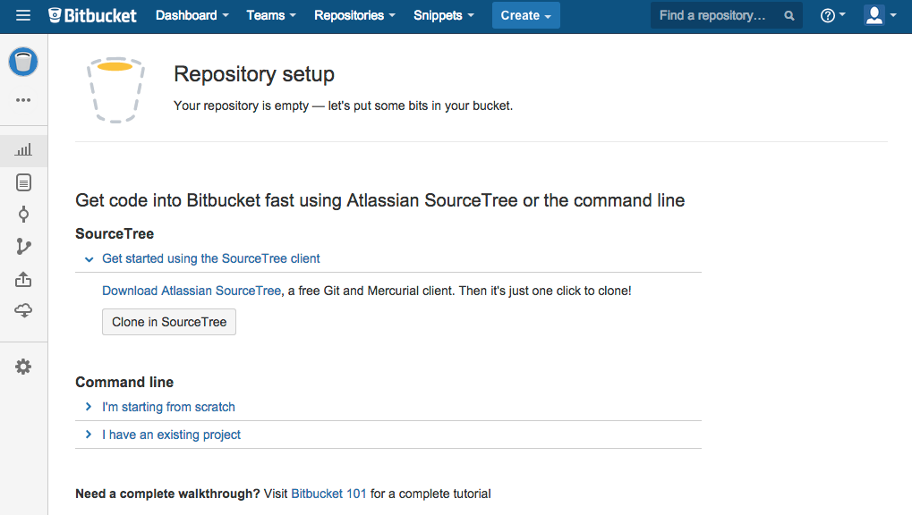 Screenshot of the Bitbucket instruction page. All fieldsets for instructions are closed by default. You will need to click one of the instruction sets to proceed.