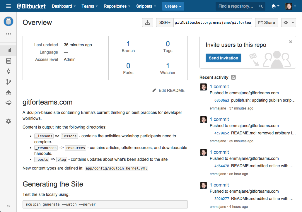 Screenshot of the private repository gitforteams.com. No additional highlights, or callouts.