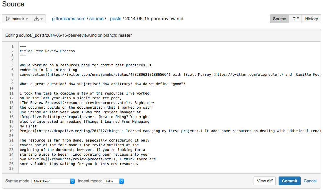 Screenshot of the file editor for in-repo files. Options to change the Syntax mode, indent mode, and indent size appear at the bottom of the editor. There is no WYSIWYG toolbar for this editor.