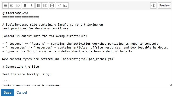 Screenshot of the editor for the project homepage. Across the top of the text input area is a toolbar for inserting Markdown formatting. The toolbar contains buttons for bold, italics, lists, and more.