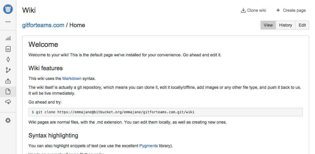 Screenshot showing the home page for the documentation wiki. Includes git instructions for how to clone the wiki repository.