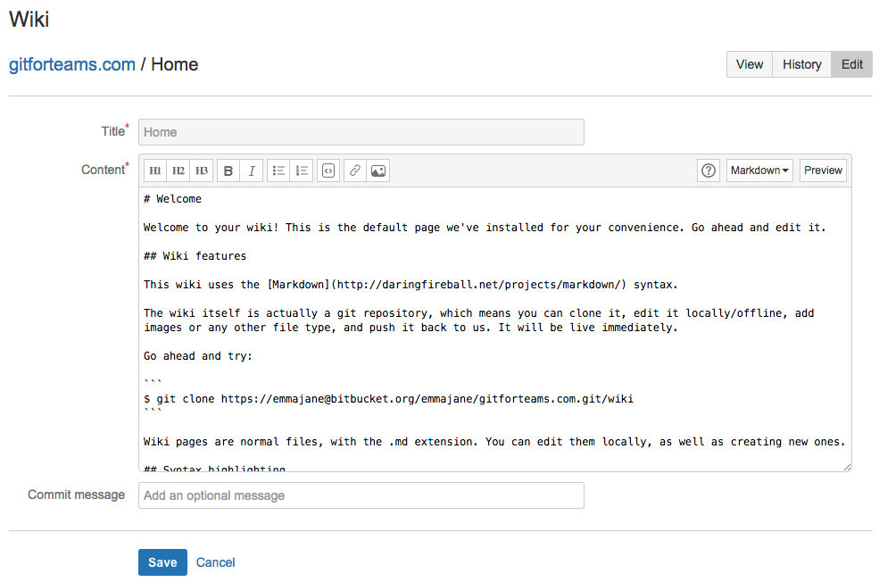 Screenshot showing the Wiki editor. This is not the same as the code editor and has some formatting buttons along the top toolbar.