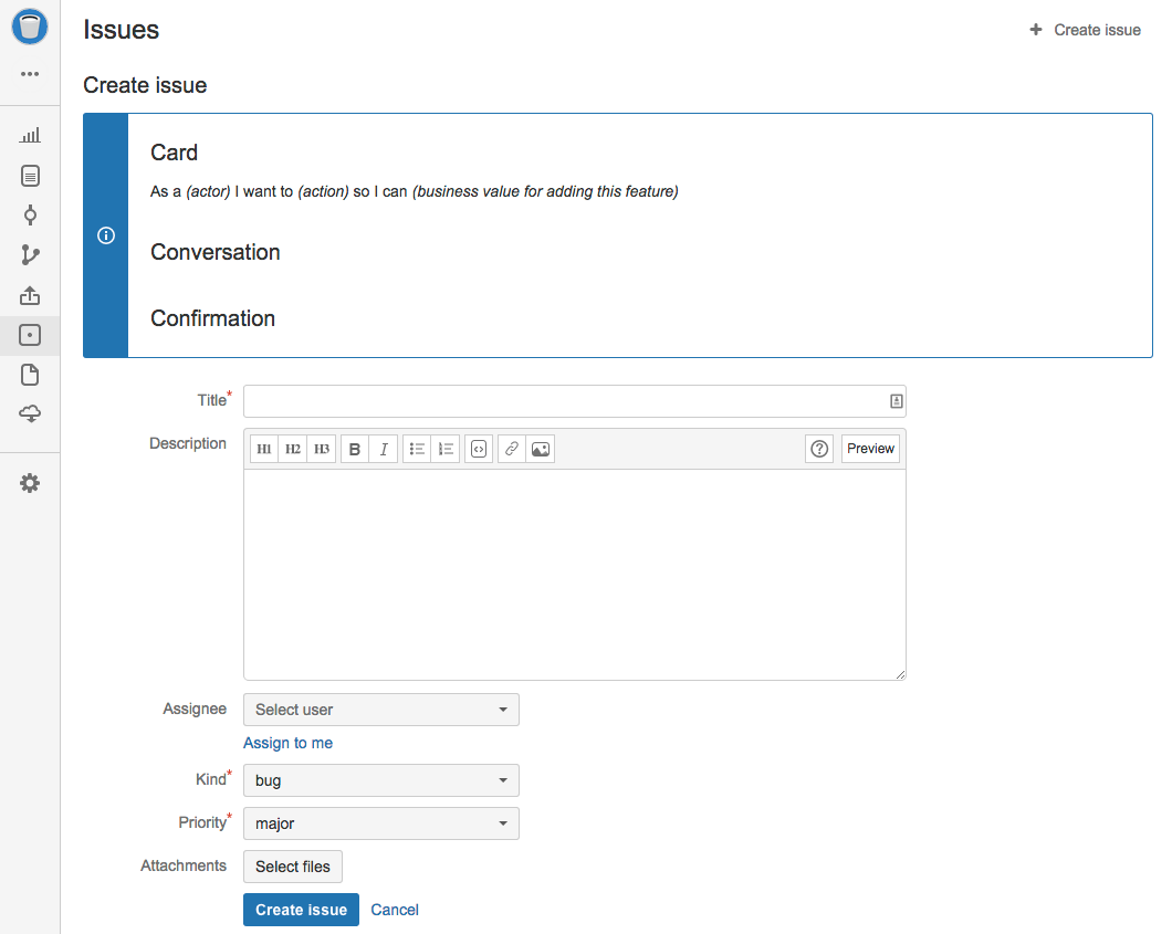 Screen shot of the new issue creation form. Includes the default message above the form as a reminder for the format you should be using. Fields include: Title, Description, Assignee, Kind, Priority, and Attachments.