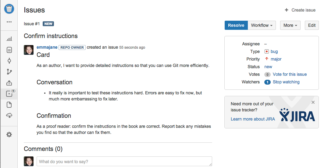 A screen shot of a new issue. No additional highlights are used. Issues shows: summary, comments, assignee, type, priority, status, workflow, edit link.