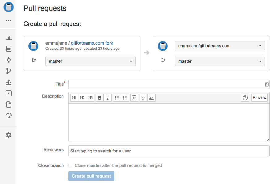 Screenshot of the pull request creation form. No additional highlights are added. Fields are described in the previous step-by-step instructions.