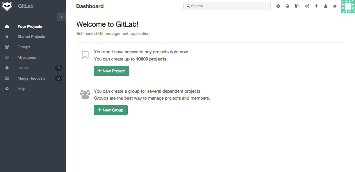 Screenshot of the GitLab admin welcome page. Buttons appear for 'new project' and 'new group'.