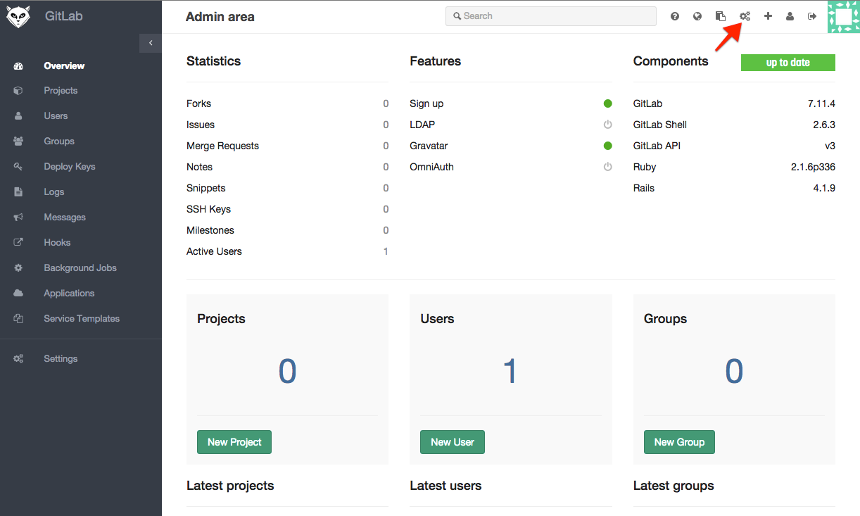Screenshot of the GitLab admin dashboard. Buttons appear for 'new project', 'new user', and 'new group'.
