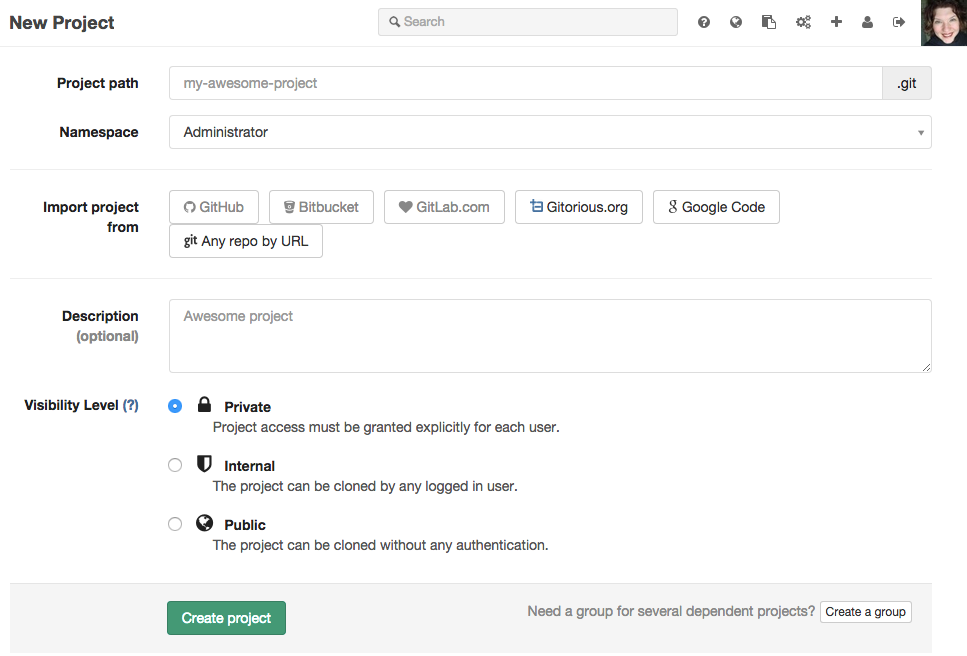 Screenshot of the project creation form. All fields are described in the previous instructions.