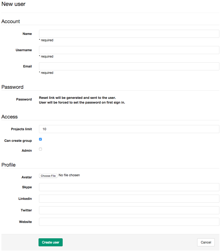 Screenshot of the user account creation form. All fields are described immediately following this screenshot.