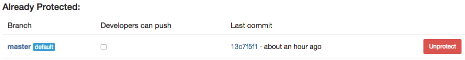 Screenshot showing the master branch is listed as a protected branch. Checkbox and 'unprotect' button appear without additional actions needed.