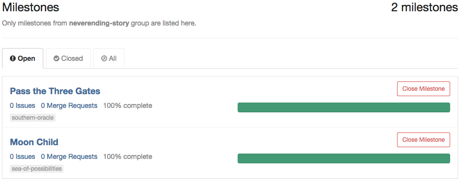 Screenshot showing two milestones, the naming of Moon Child, and Passing the Three Gates within the Project Southern Oracle. I think it's fair to say I was grasping for exciting examples by this point in the book.