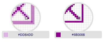 Two magnifier-circles, each with a color swatch and hex code beneath them.  The view inside the circle is a zoomed view of one corner of the X icon (horizontal, vertical, and diagonal lines), drawn over a grid of squares.  In the left sample, the horizontal and vertical lines are two-grid-squares wide and light purple. The diagonal lines are a row of dark purple grid squares, corner-to-corner, with lighter squares on either side.  The color swatch matches one of the light purple squares.  In the right sample, all grid squares are either dark purple or white background.  The horizontal and vertical lines are a single pixel wide. The diagonal lines have been converted into staircase steps.