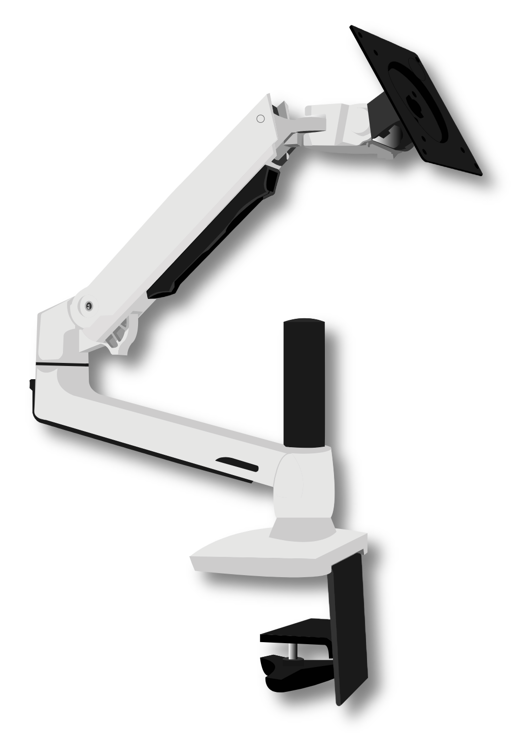 A diagram of a robotic arm apparatus, in clean white, black, and gray vector shapes. The shape is outlined by a slightly-offset blurred gray drop shadow.