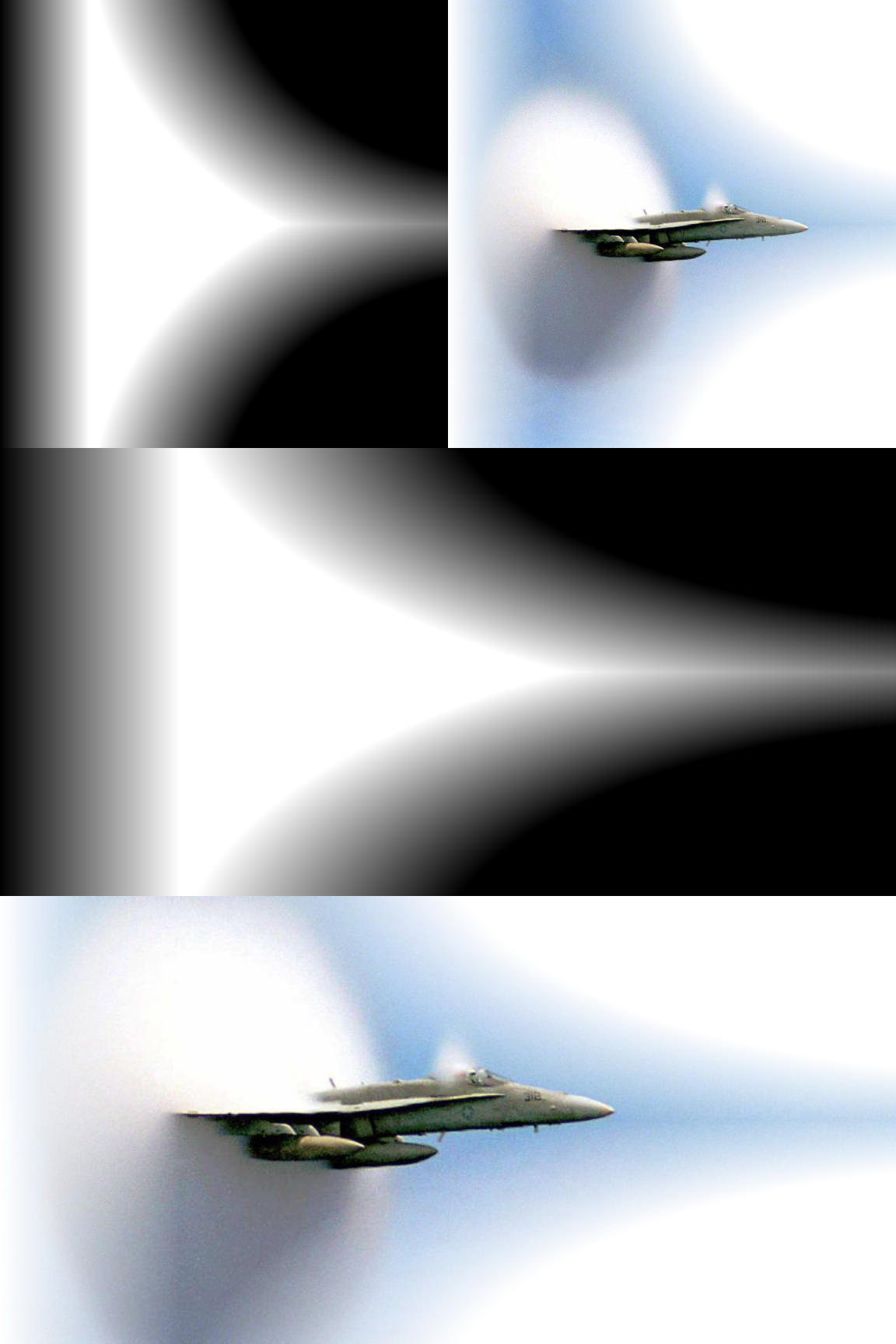 Multiple copies of the gradient mask, and masked versions of the fighter-jet photo.  Across the top, the mask and the photo are each fit in a square region: the mask scaled to fit, the photo cropped.  Below that are versions that are twice as wide as they are tall.
