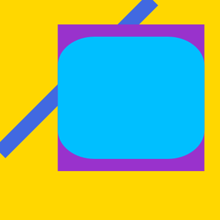 A bright blue rectangle with rounded corners, positioned centered in a purple square of the same width.  Underneath, partially obscured, is a diagonal line; the background is a golden yellow square.