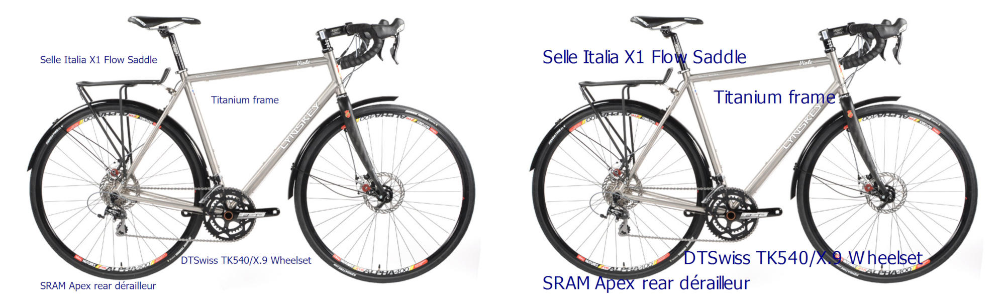 Two versions of the labelled bicycle, scaled to fit side-by-side. The version on the left has the text scaled down to match the photograph; the version on the right has larger text (although still smaller than in the full-size image).
