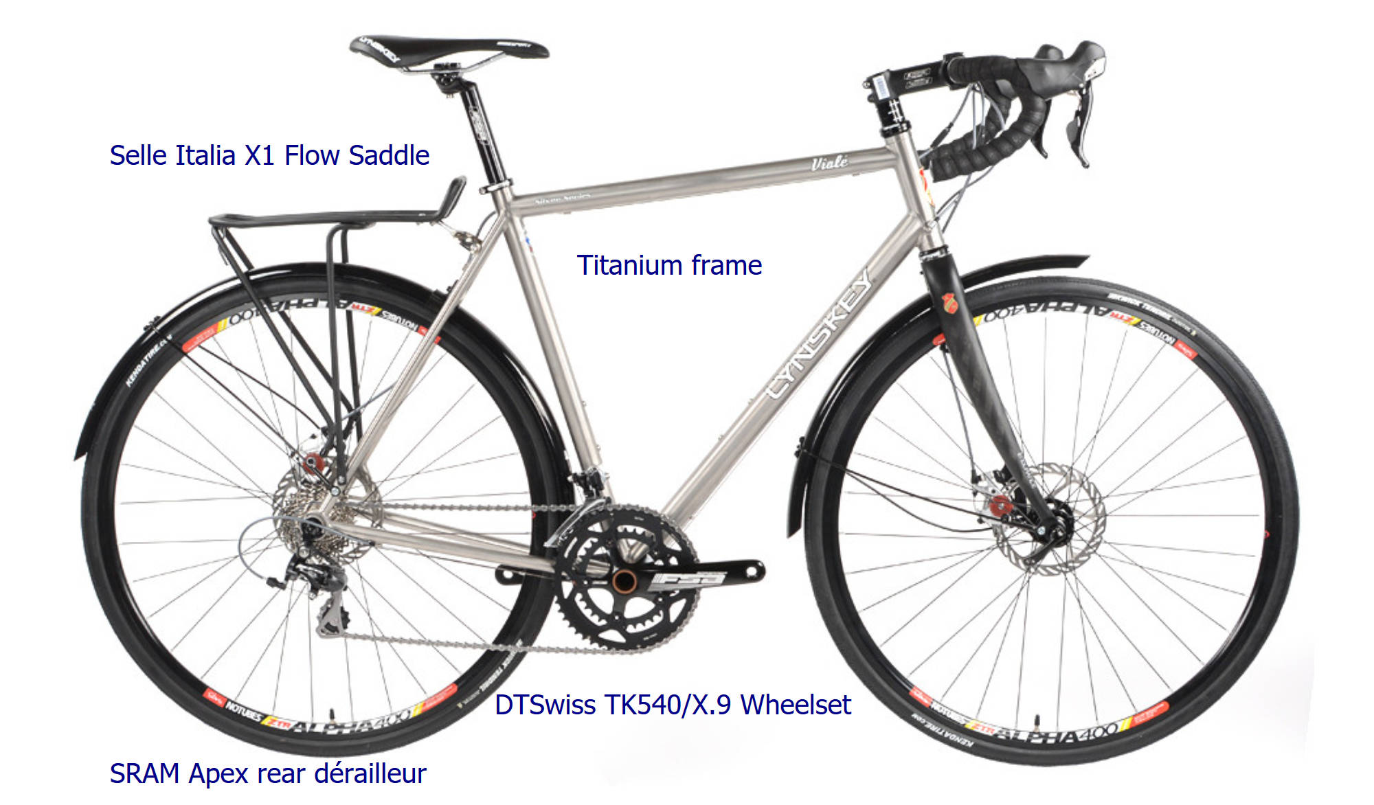 A high-class road bicycle, with blue text labelling the 'DTSwiss TK540/X.9 Wheelset', the 'Selle Italia X1 Flow Saddle', the 'Titanium frame', and the 'SRAM Apex rear dérailleur'.