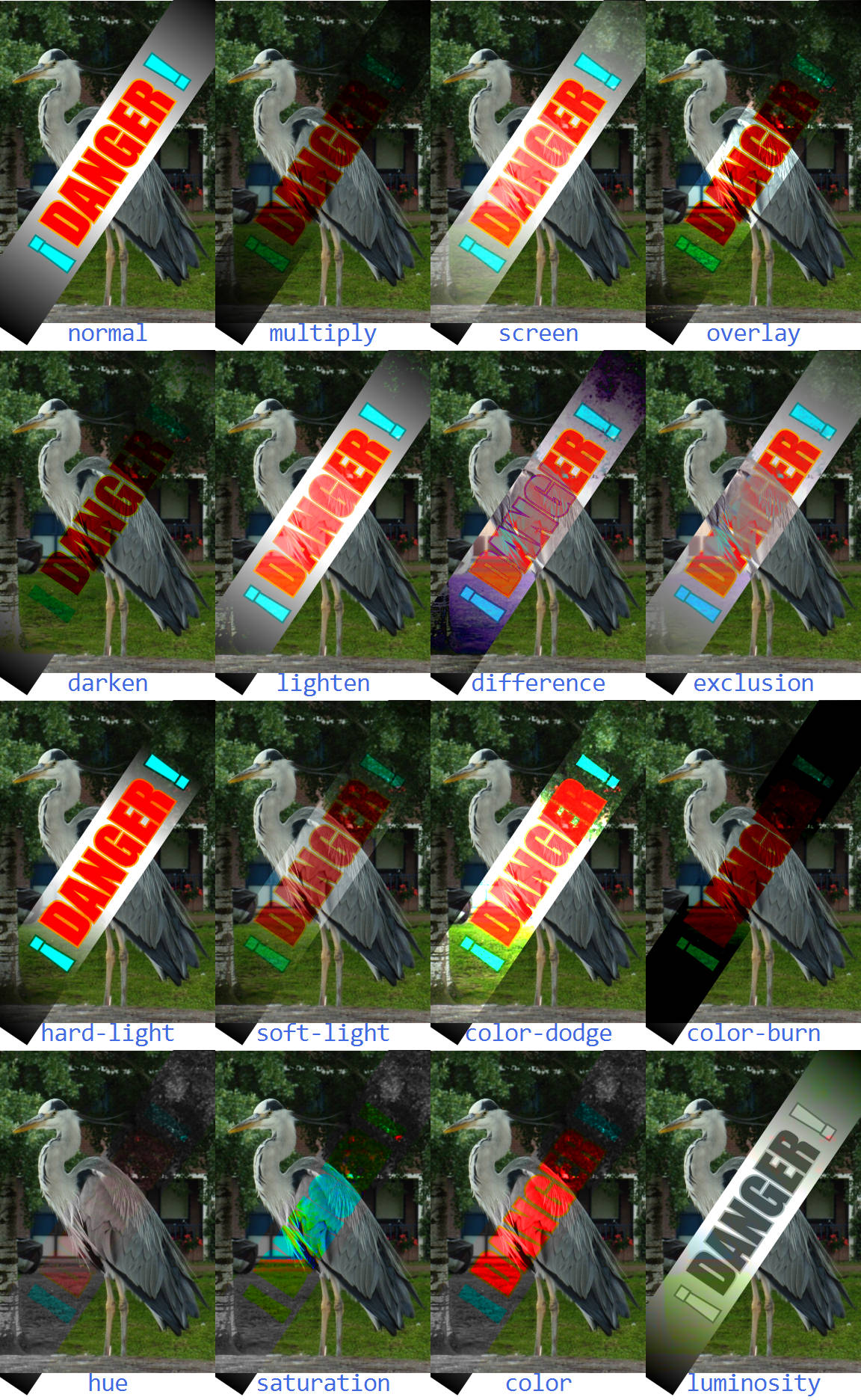 16 copies of the heron photo, each with a diagonal banner over top with the word DANGER in all caps letters in red with cyan exclamation marks.  The banner itself is a black and white gradient.  In each version, the banner has been mixed with the photo using a different blend mode (labelled below each).  In some cases, the danger banner is quite obvious, with just hints of the backdrop photo showing through it.  In others, it looks more like ambiguous color stains on the photo.  And in some, the details from both are fully intermingled.