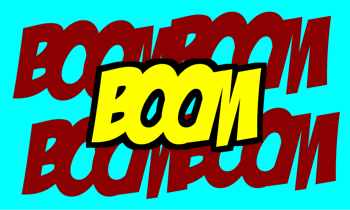 The BOOM word effect, surrounded by four complete copies of the word in dark red, each offset towards each corner and layered behind the outlined version of the word in the center.