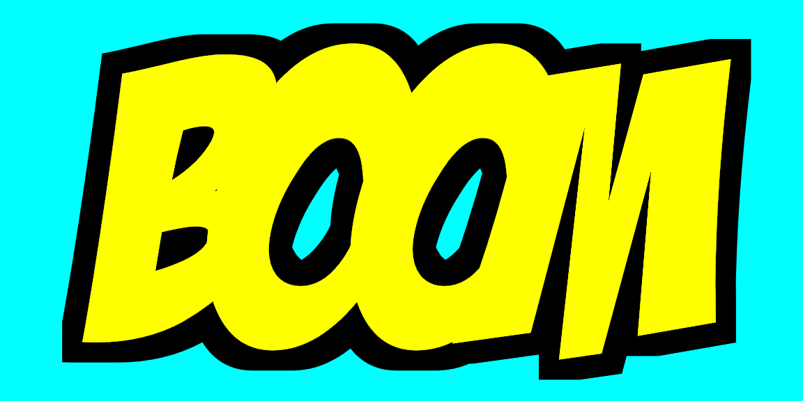The word BOOM in large yellow letters that are squeezed tight together.  A black outline surrounds the outside of the merged letters