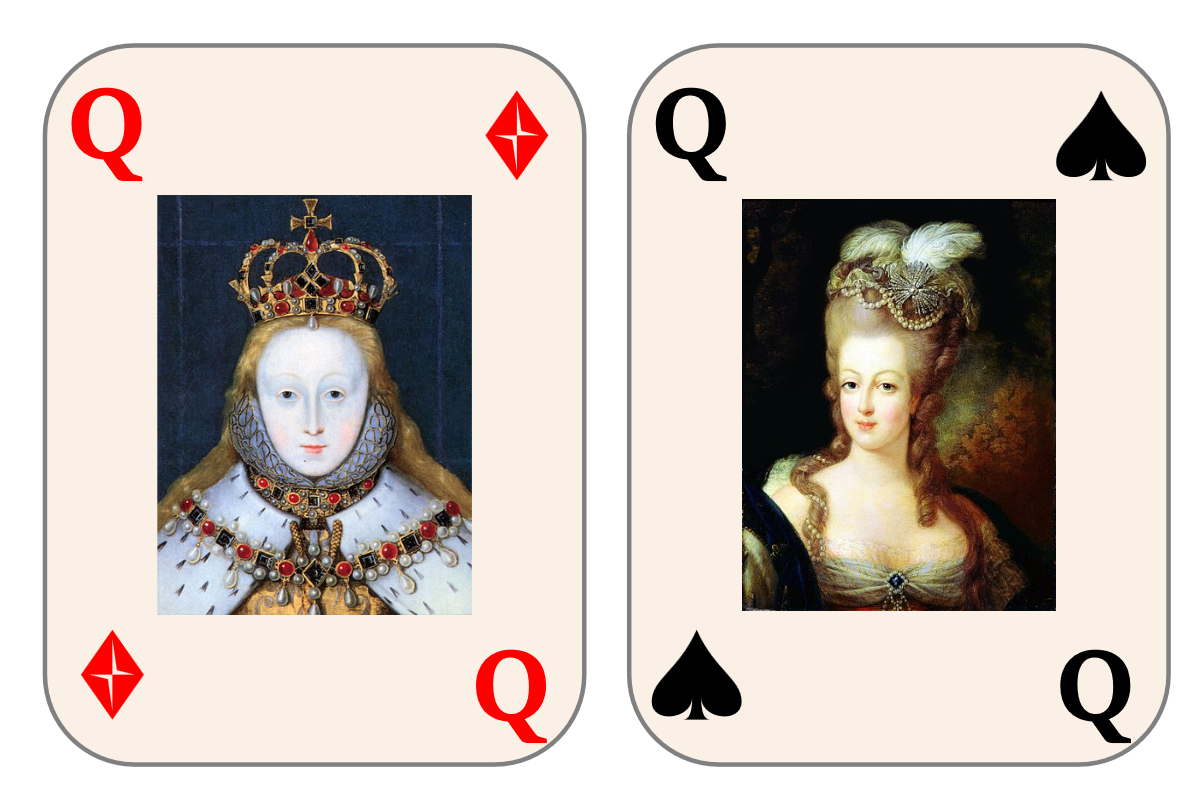 Two playing cards, the queen of diamonds and the queen of spades. The overall shape and coloring is the same as for the previous figure. The suit icons are shown in the opposite corners from the Q marking the values. The center of each card is an image of a painting: the queen of diamonds is Elizabeth I of England, with a large crown and jeweled color with red and black jewels and white pearls.  The queen of spades is Marie Antoinette of France, with a feathered and jeweled headdress, and a low-cut gown with a black jeweled broach.