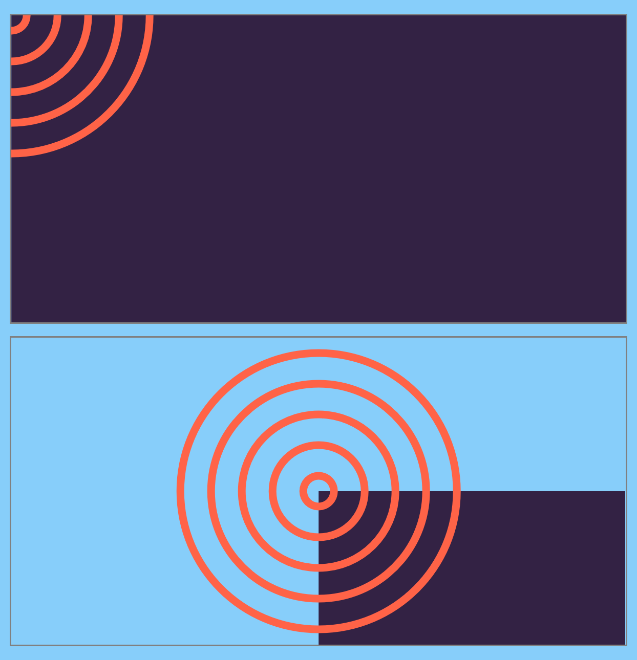 Two equal-sized frames.  The top frame is completely filled with a purple rectangle, and has five orange quarter-circle arcs radiating from the top left corner.  The bottom frame has five orange radiating circles centered in the middle, partially overtop of a smaller purple rectangle that covers the lower-right corner of the frame.