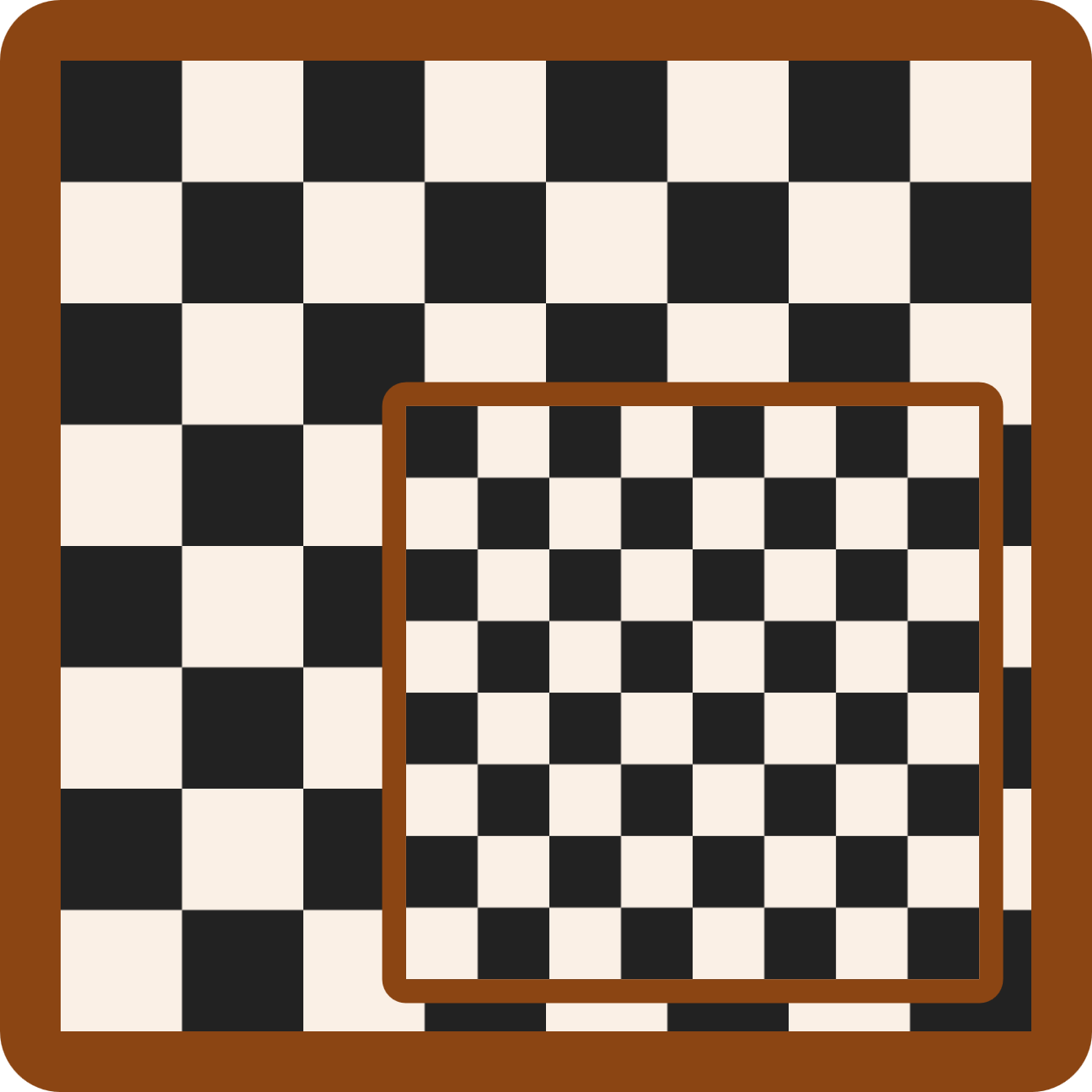 A square with a brown border surrounding an 8-by-8 checkerboard pattern (same as the example from the previous chapter), and overtop of it a smaller version of the same design, rotated at an angle.