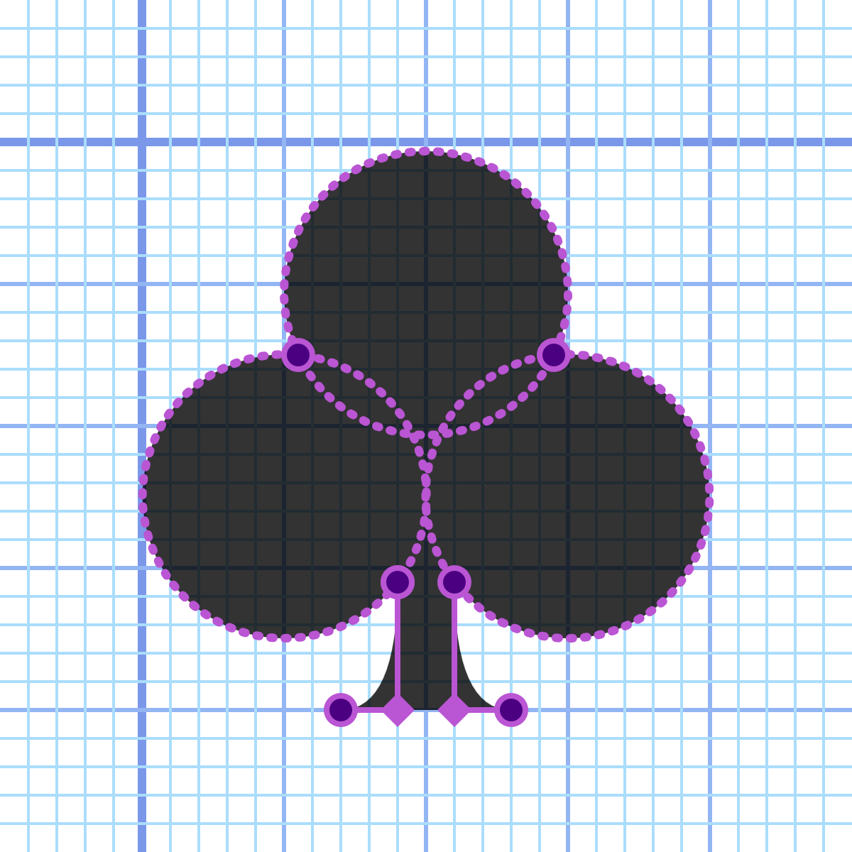 The club shape, on the grid background. Dotted circles trace out the edges of the lobes, connecting the points at the dimples of the shape and overlapping in the center.  The curved stem is marked with control points in the same manner as for the spade shape.