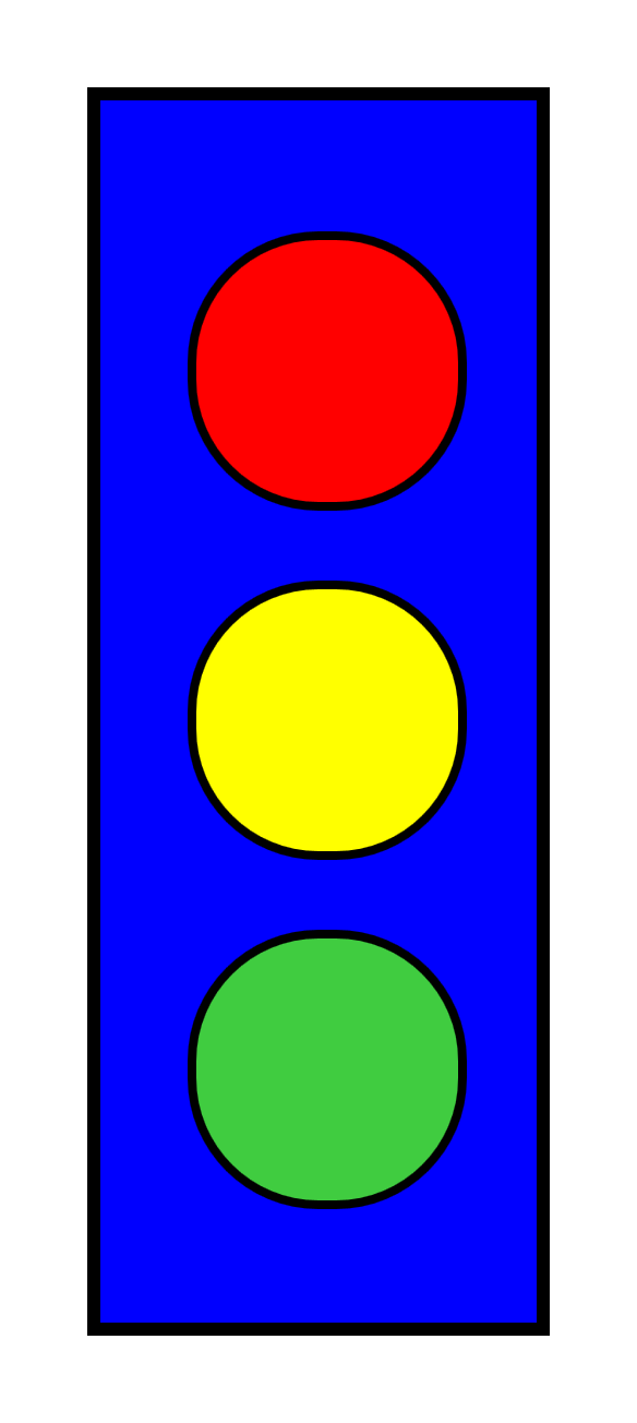 A tall blue rectangle with red, yellow, and green circles arranged from top to bottom.  It is almost, but not exactly, identical to the primary color stoplights from Chapter 1.