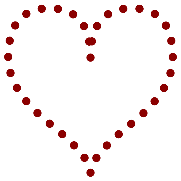 The heart drawn with an outline of circular dots.  This time, the dots are perfectly symmetrical from one side of the heart to the other.