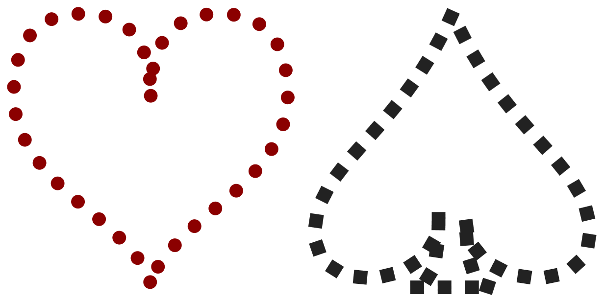 The heart and spade shapes, again only drawn as patterned outlines.  The heart is a drawn as a series or circular dots, the spade as a series of squares.