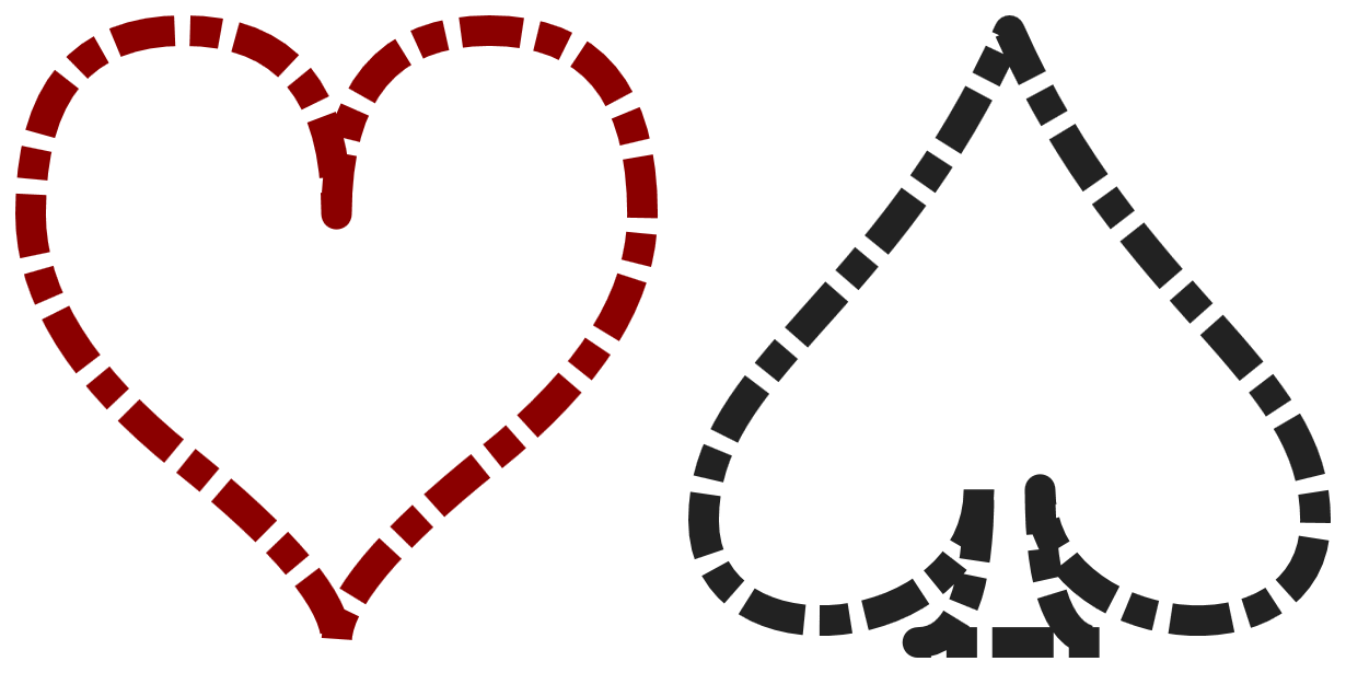 The heart and space suit shapes, drawn as outlines.  The outlines of both are made of alternating long and short dashes, which follow the shape of the curves.  Some of the line joins have rounded caps, others are cropped off.