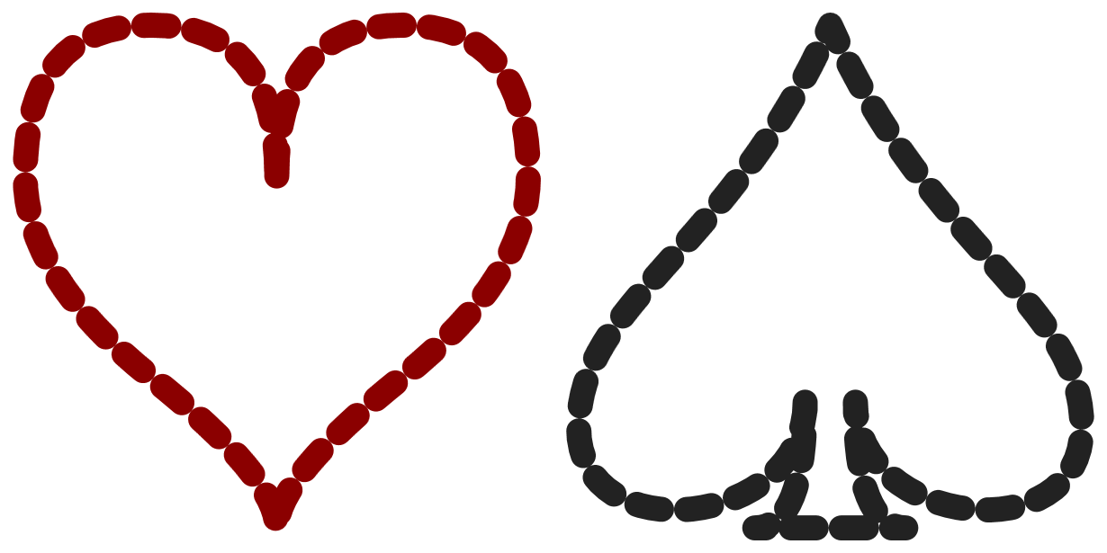 The heart and spade shape, outlined with a sausage-link pattern of rounded dashes that just touch each other.