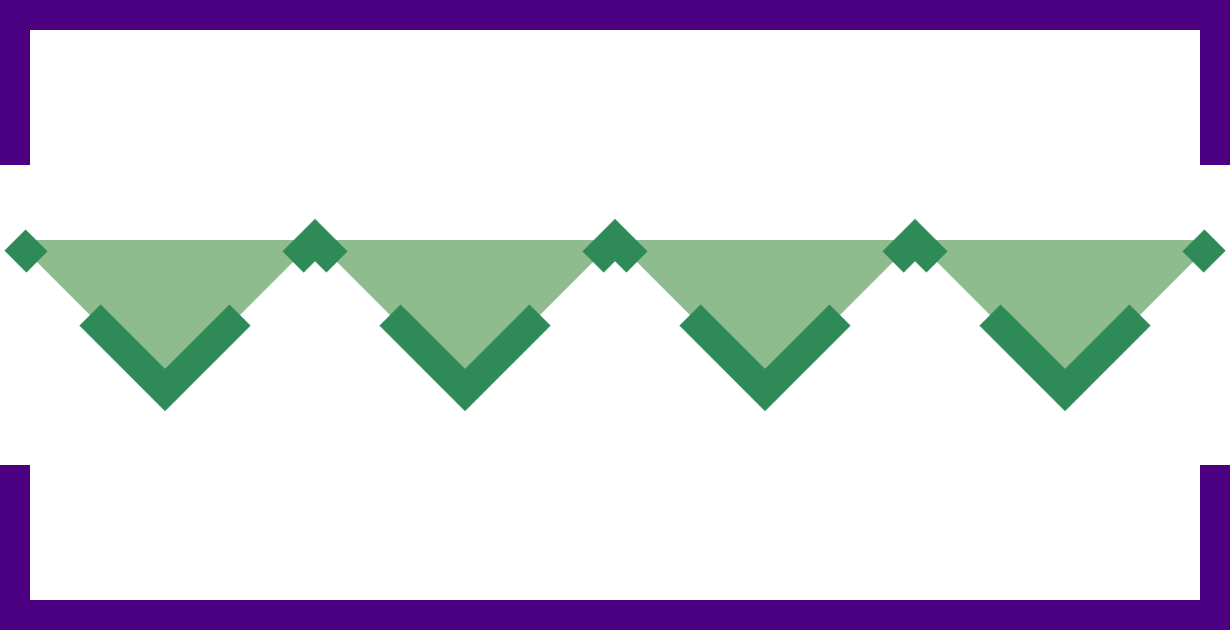 A graphic with a rectangular outline over the top and bottom, including the corners but not the sides.  In the center, a row of green triangles, with dark green lines around each triangle's point, and shorter green lines around the corners where one triangle joins with the next.