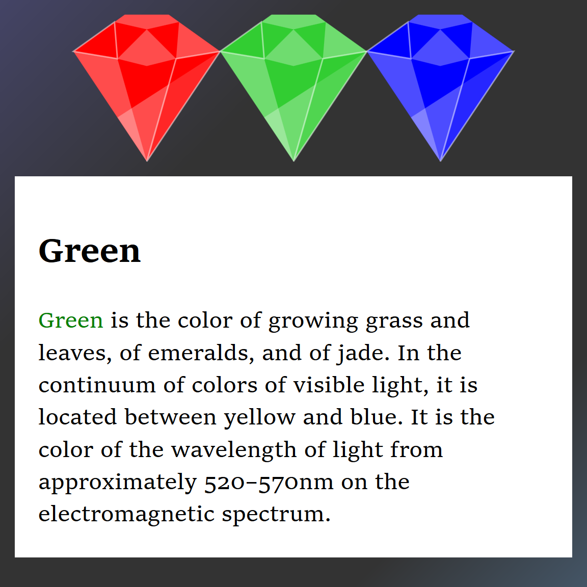 Three gemstone shapes, in red, green, and blue, are arranged across the top of the window.  Below, a rectangle of HTML text with the heading Green and then a paragraph starting 'Green is the color of growing grass and leaves'. The word green in the paragraph is written in green text.