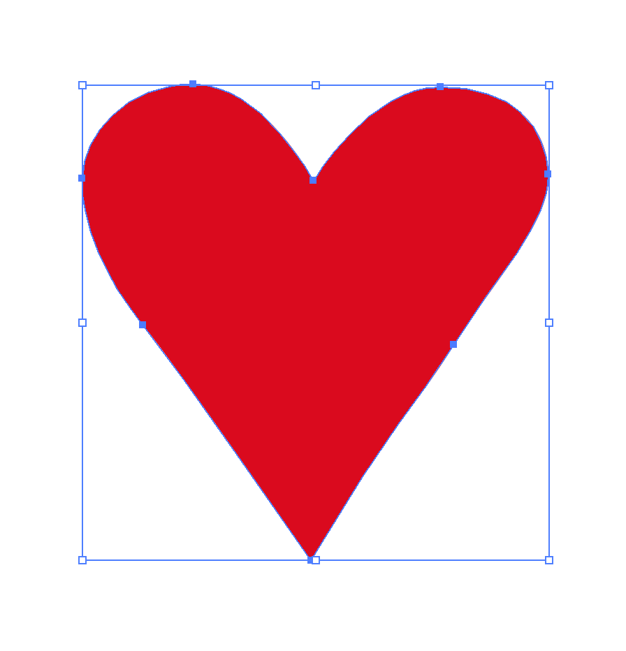 A somewhat lop-sided red heart shape, with the path vertex points and bounding box outline marked in blue.  The vertex points include the center dimple at the top, the point at the bottom, and three points along each curved side, at the top, far side and halfway down.