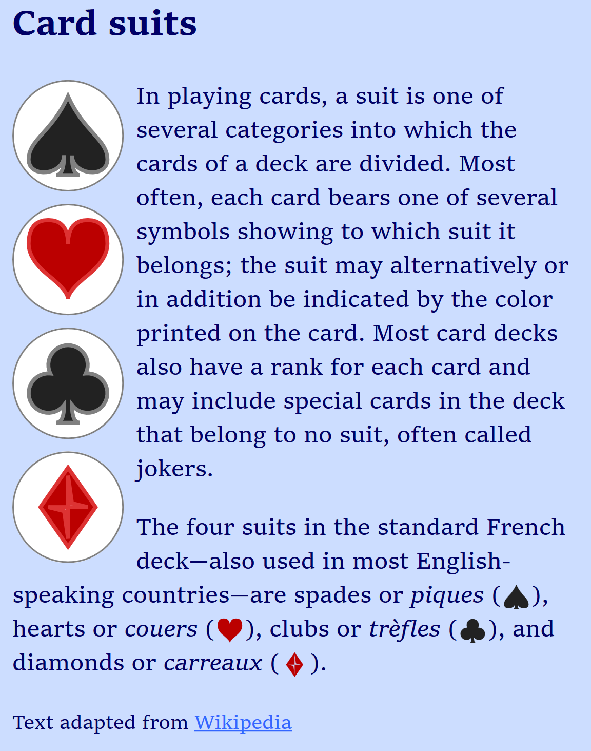 Web page screenshot, with the heading 'Card suits'. Along the left side is a column of circled suit icons, in which each suit shape is outlined in a lighter color than it is filled.  In addition, the second paragraph of text has the same icons inserted inline with the text characters.