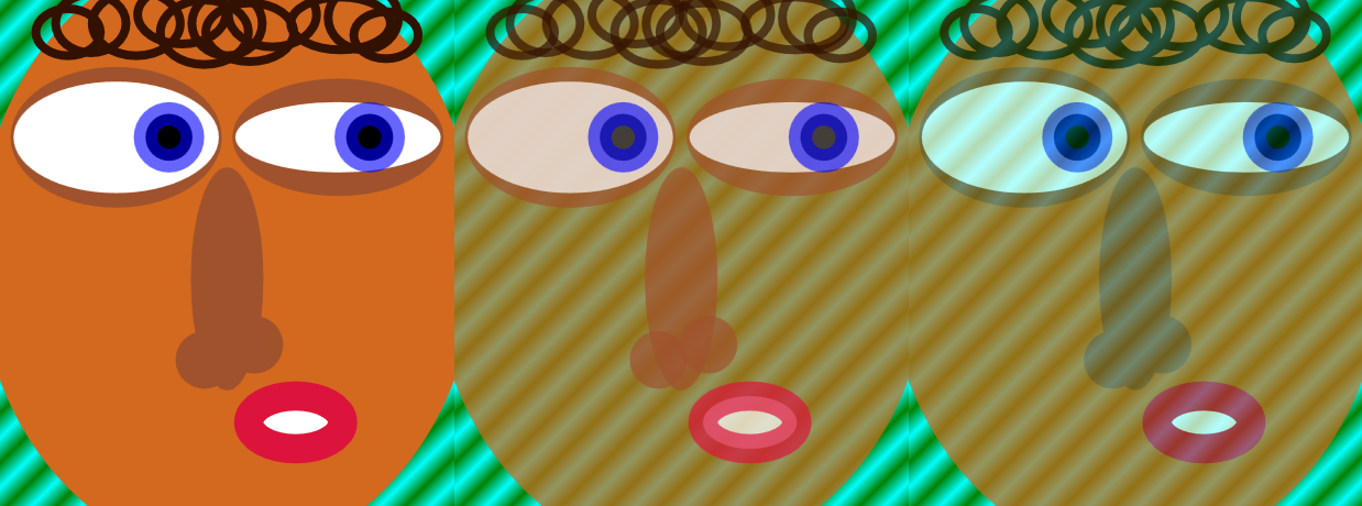 Three copies of a cartoonish face, side-by-side, over top of a background consisting of a striped diagonal green gradient.  The first face is drawn in solid colors, completely obscuring the gradient stripes behind it.  The second face and third faces are partially transparent, so that the green stripes show through.  The second face reveals the overlapping shapes that were used to draw it, each overlapping layer making the graphic less transparent at that point.  The third face, is a much closer copy of the first, with all parts equally transparent.
