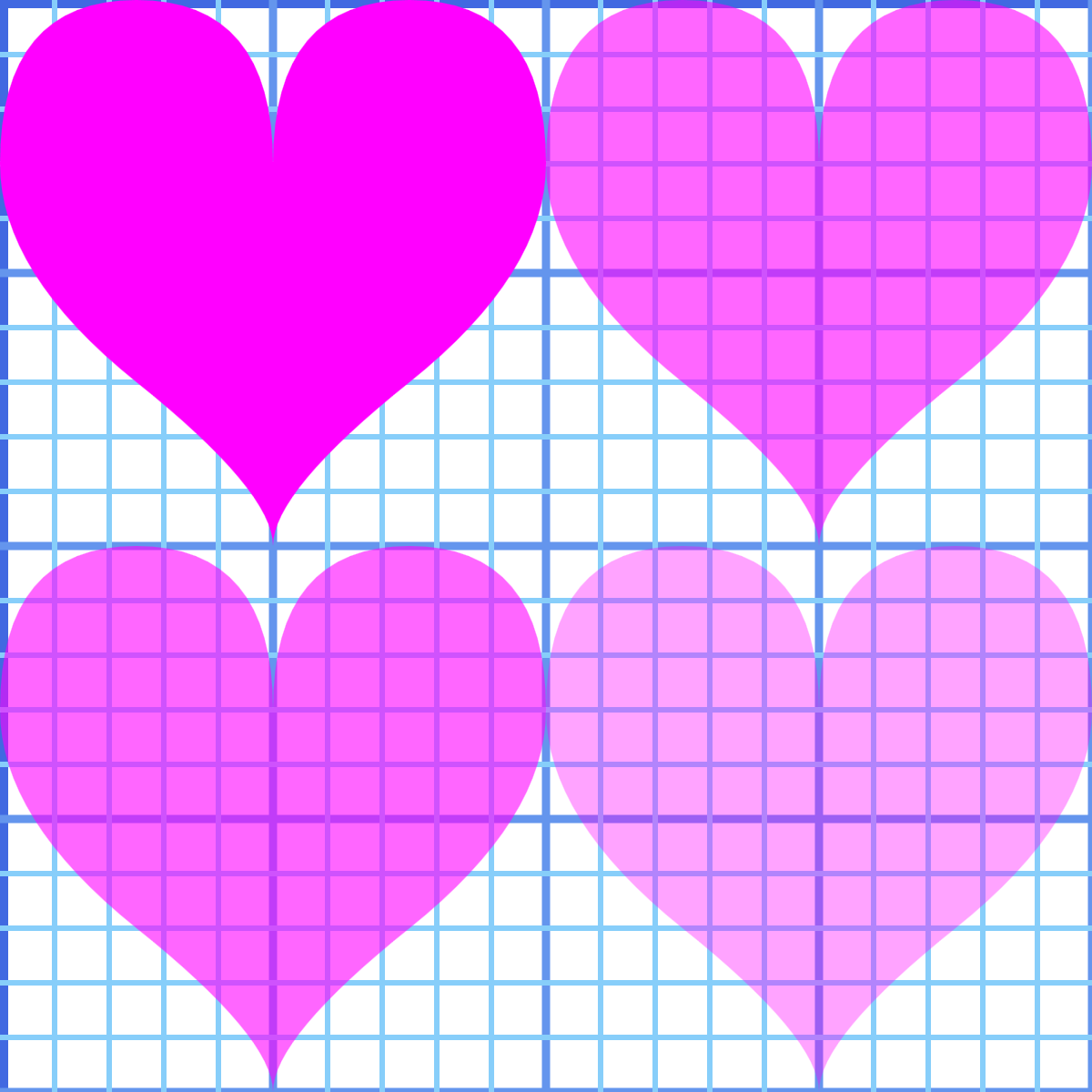 Four bright magenta hearts, arranged in the four quarters of a grid.  The heart on the top left is intensely colored and completely opaque, so the grid cannot be seen through it.  The hearts in the top right and bottom left are identical, with a paler color through which the grid can be seen.  The heart in the bottom right is even paler still, with the grid even more distinct behind it.