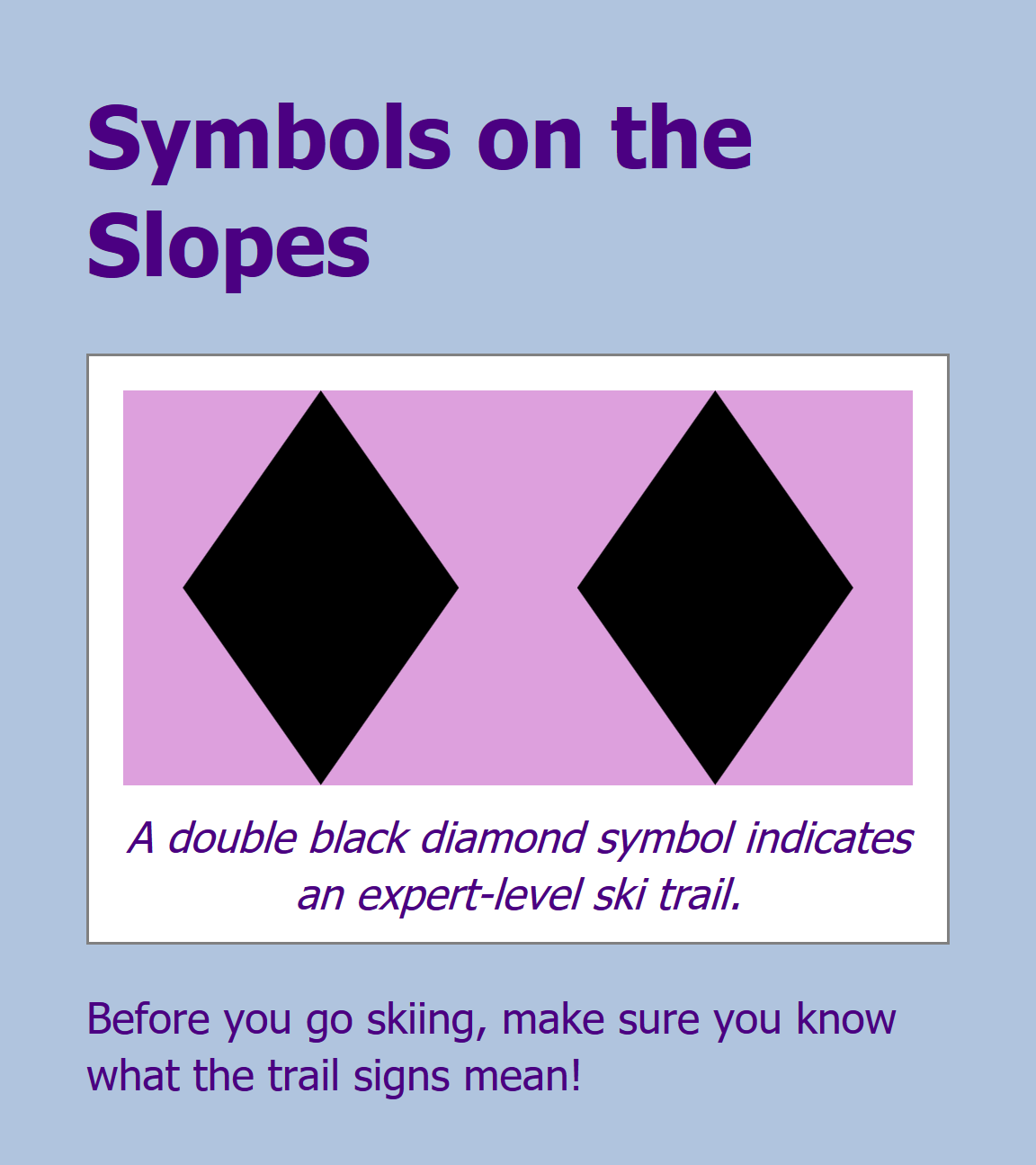 The web page has a heading, Symbols on the Slopes.  Below, the graphic of two diamonds, now drawn in black. The SVG region is surrounded by a white frame with a gray border, which also wraps around the caption text below the graphic.  It says: A double black diamond symbol indicates an expert-level ski trail.  Below the figure, the start of the main text reads: Before you go skiing, make sure you know what the trail signs mean!
