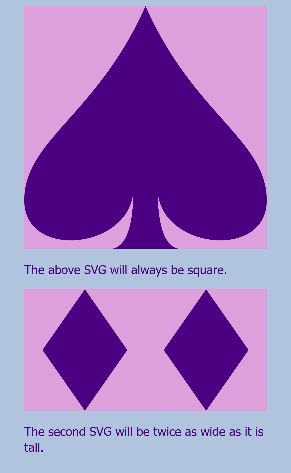 The page has two SVG graphics, each followed by a short paragraph of text.  Both SVGs take up the full width between the text margins.  The first SVG is square, with the spade icon (in purple) fitting its full width and height.  The second SVG is rectangular, with two copies of the basic diamond icon side-by-side.