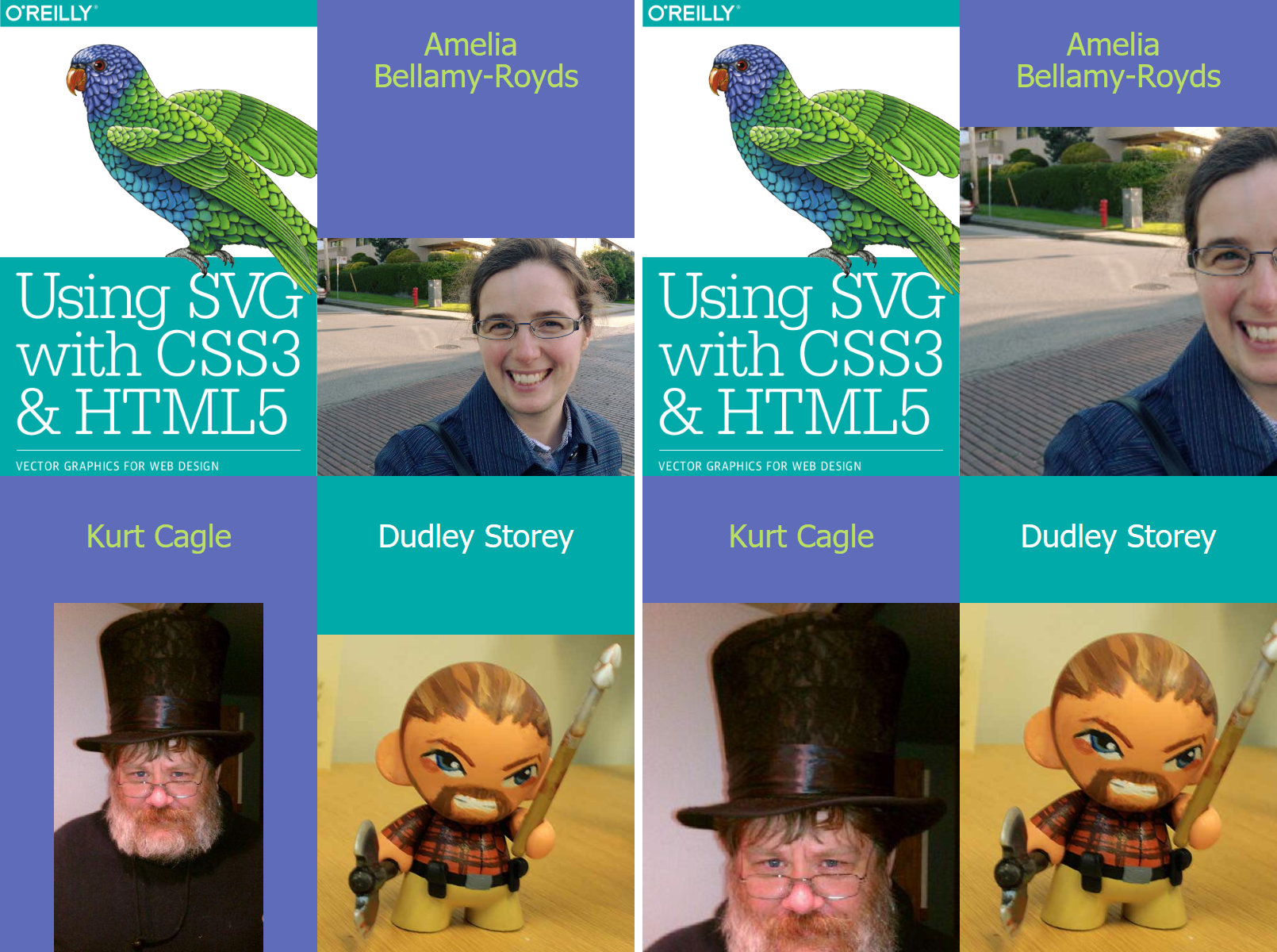Two versions of the same graphic. In each, the image is divided into four: the Using SVG with CSS3 and HTML5 cover (with colorful bird drawing) in top left; the name Amelia Bellamy-Royds above her photo (an outdoor, landscape-oriented shot) in top right, Kurt Cagle and his photo (a portrait in a tall top hat) in bottom left, and Dudley Storey along with his favorite (square aspect ratio) avatar photo of a round-headed figurine with axe, spear, and red plaid shirt.  On the left version of the graphic, the photos are all scaled-down to fit, revealing more of the colored backdrops.  On the right, all the photos take up the same amount of space in the layout; Amelia's face is cropped in half, while Kurt's photo is mostly top hat with only a little room for face at the bottom.