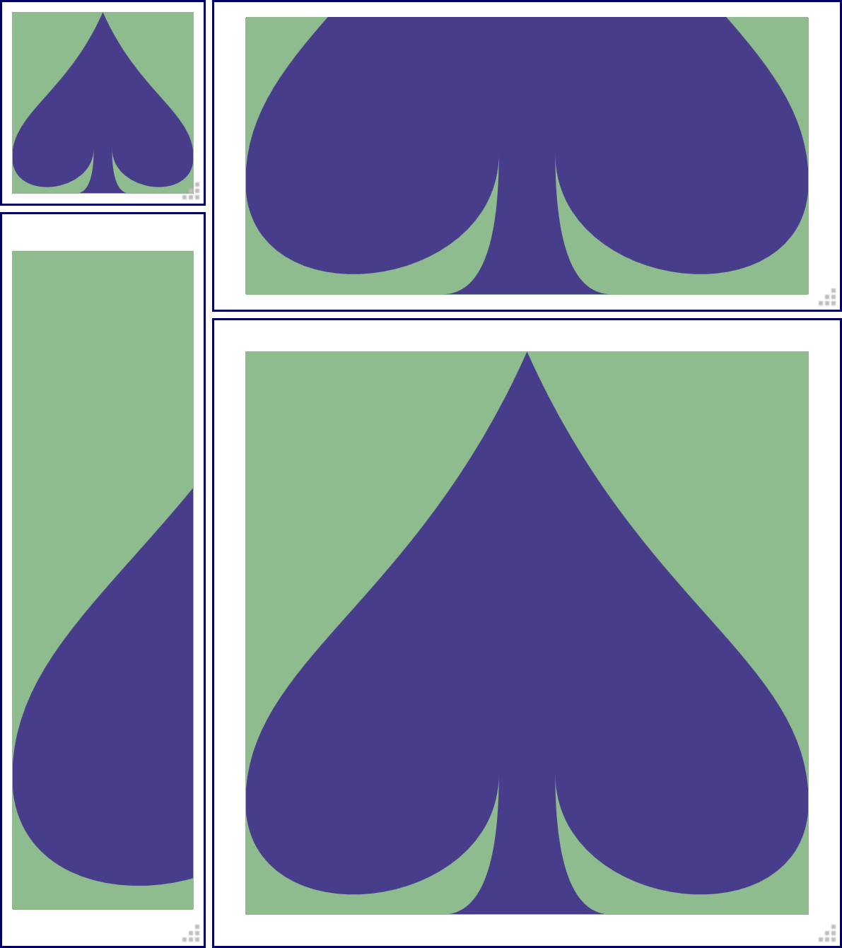 Another set of four frames.  This time, the spade shape has expanded without getting streteched; in the non-square frames, that means that part of it is getting cut off.  The visible part is always the base and/or the left side; the cut-off part is the top or right side.